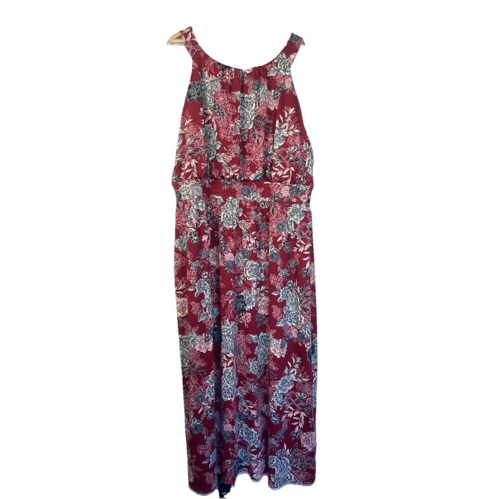 Meri Skye Dress 4X Plus Sleeveless‎ Sheath Burgundy Floral Midi Stretch Office